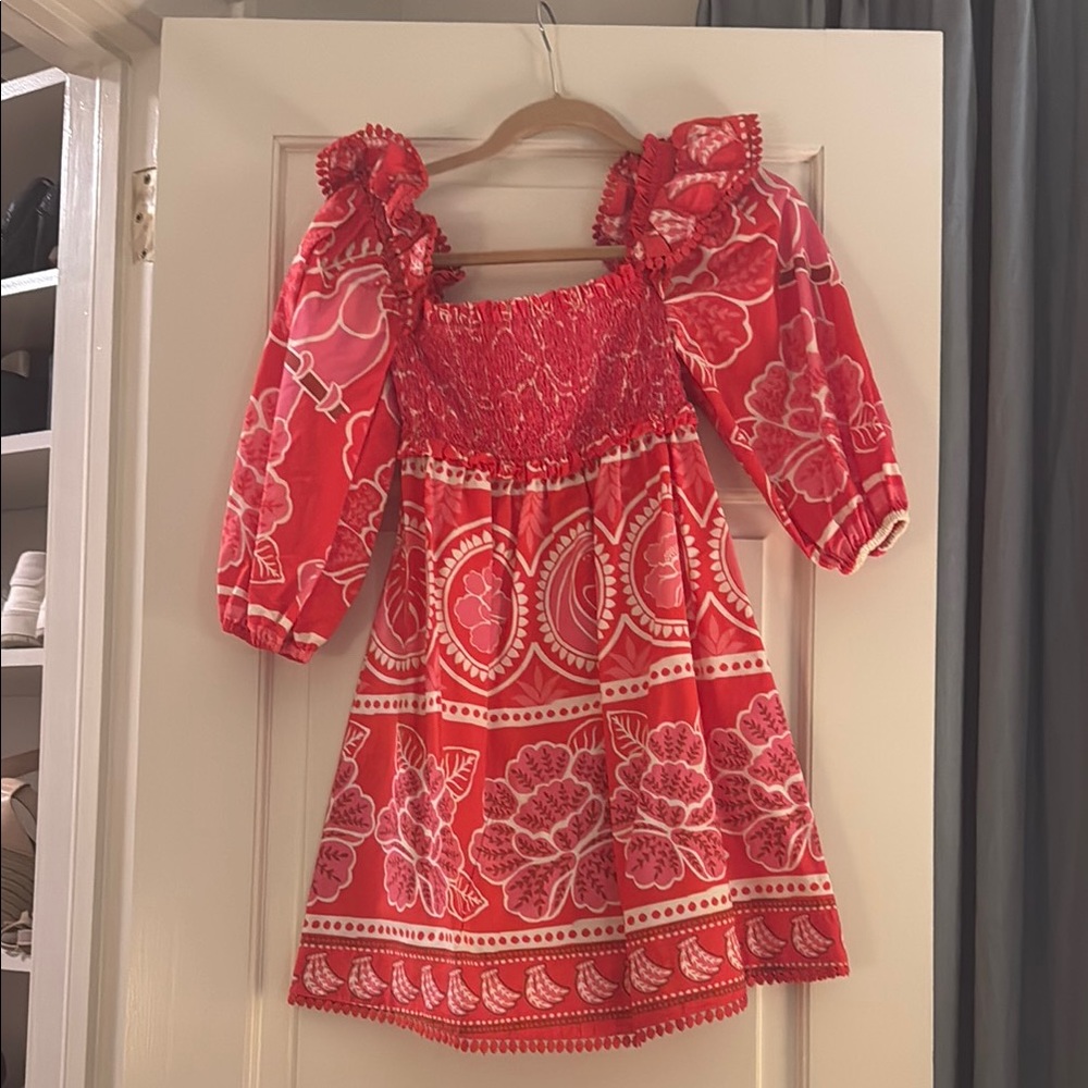 FARM Rio Red and White Puff Sleeve Sundress
